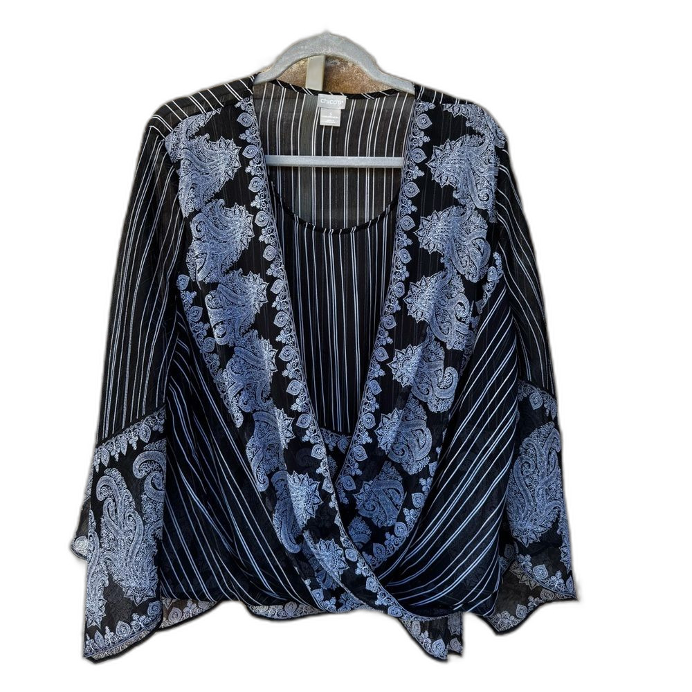 Chico's Black Sheer Paisley Blouse Bell Sleeve Draped Front Top, Size 3/XL